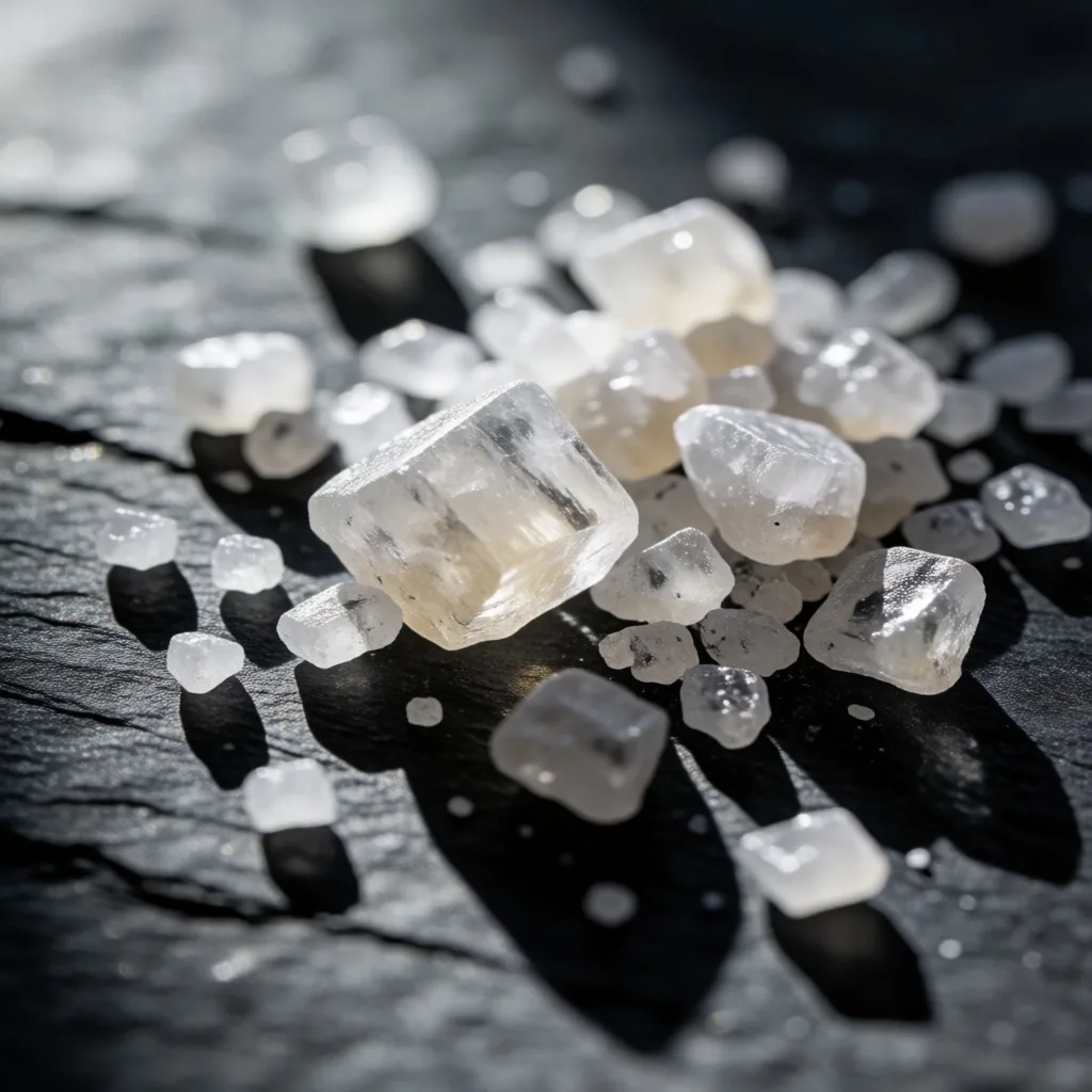 Mineral salt crystals under directional light
