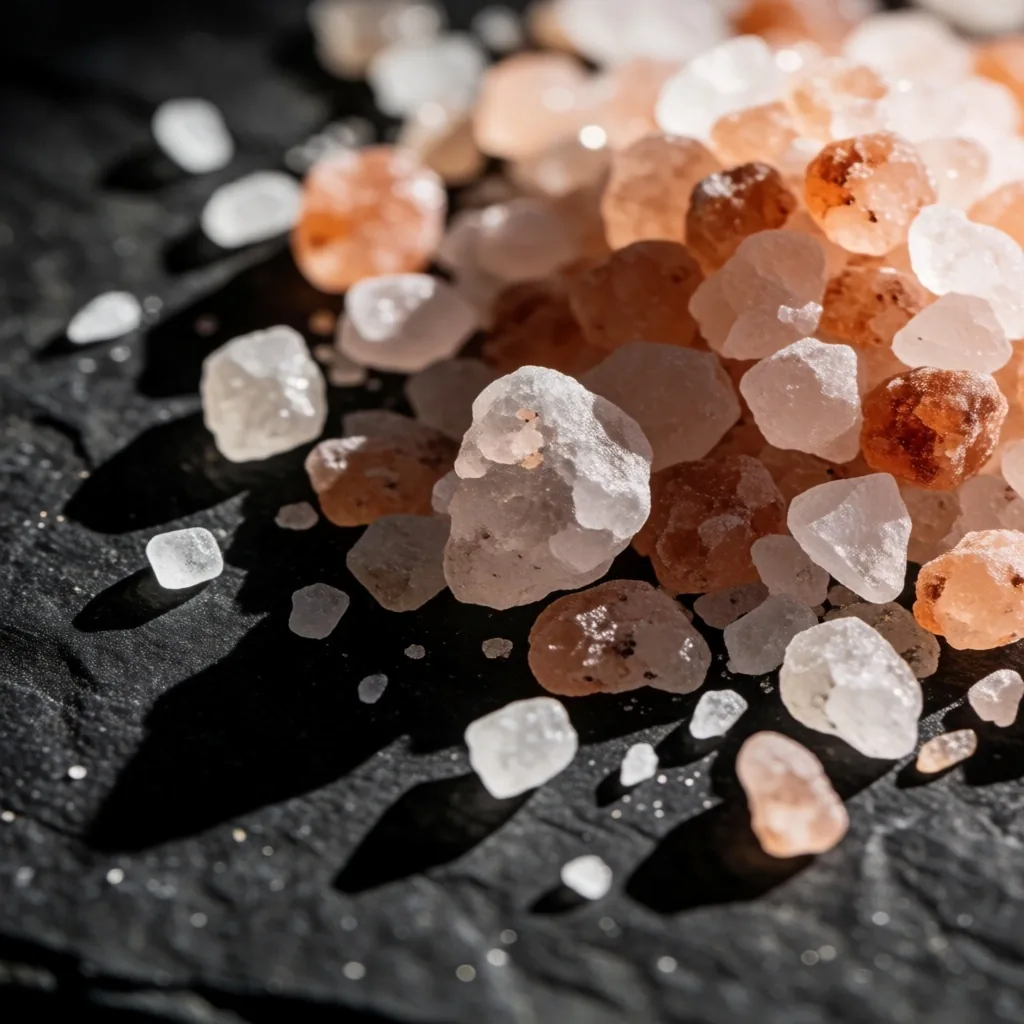Crystallized mineral salt formations under harsh directional light