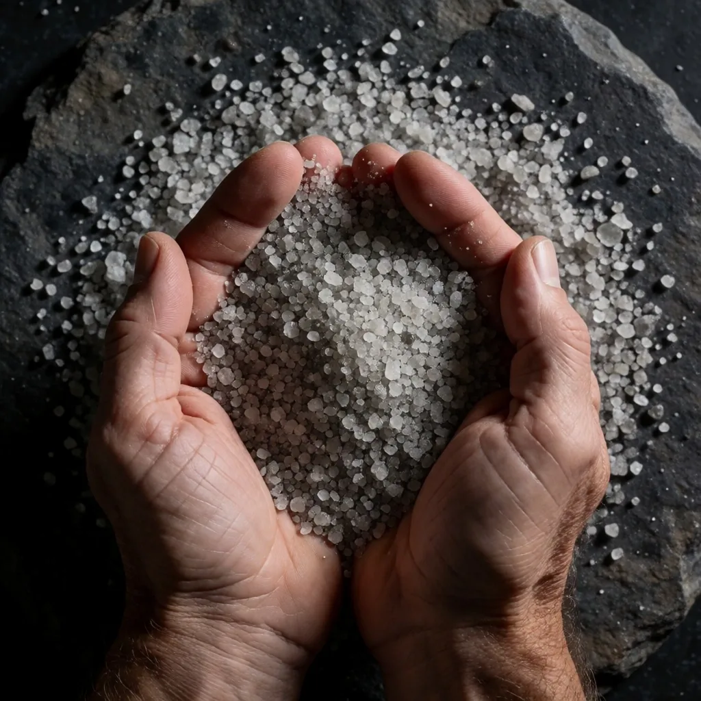 Hands holding mineral salt crystals on dark concrete