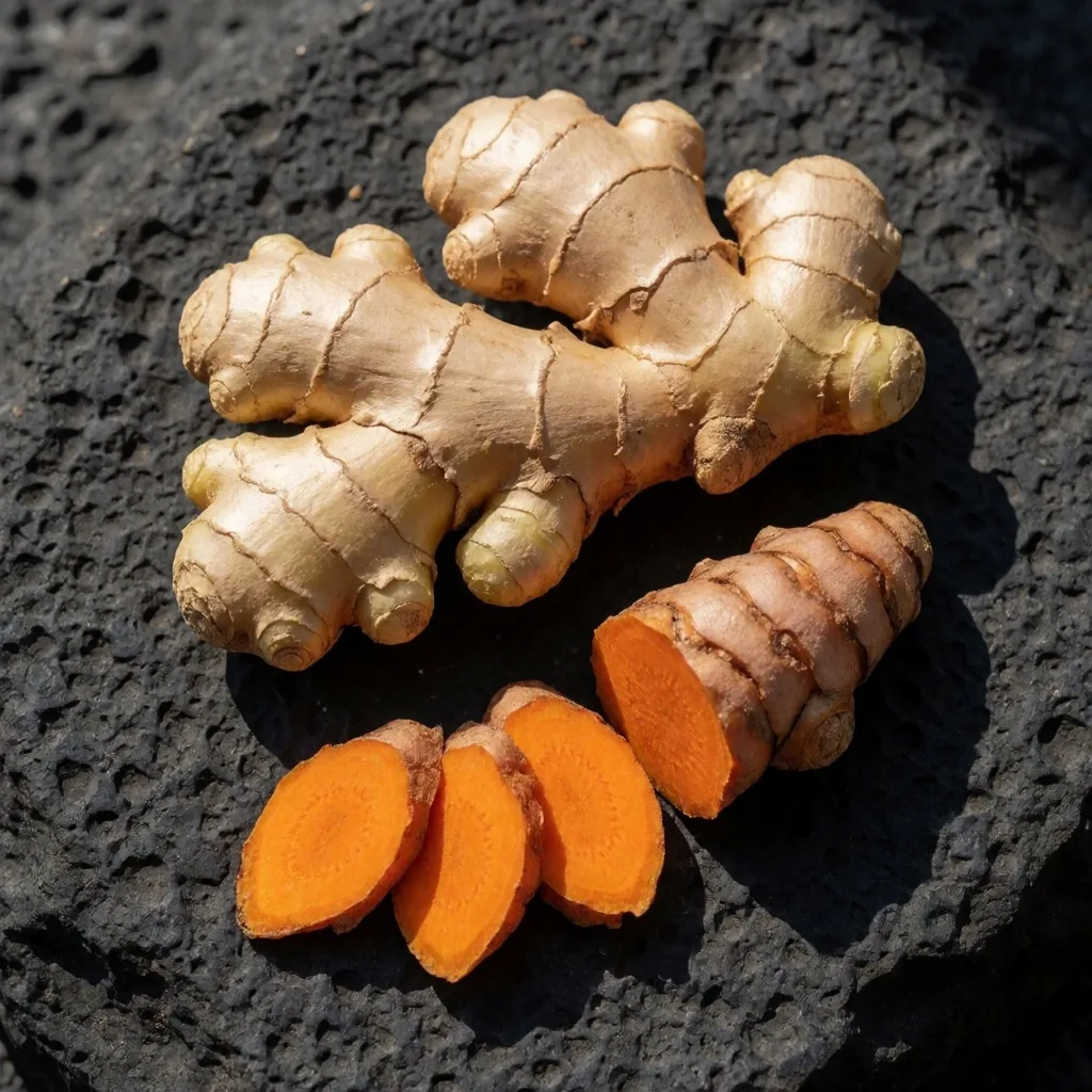 Fresh ginger and turmeric roots on concrete