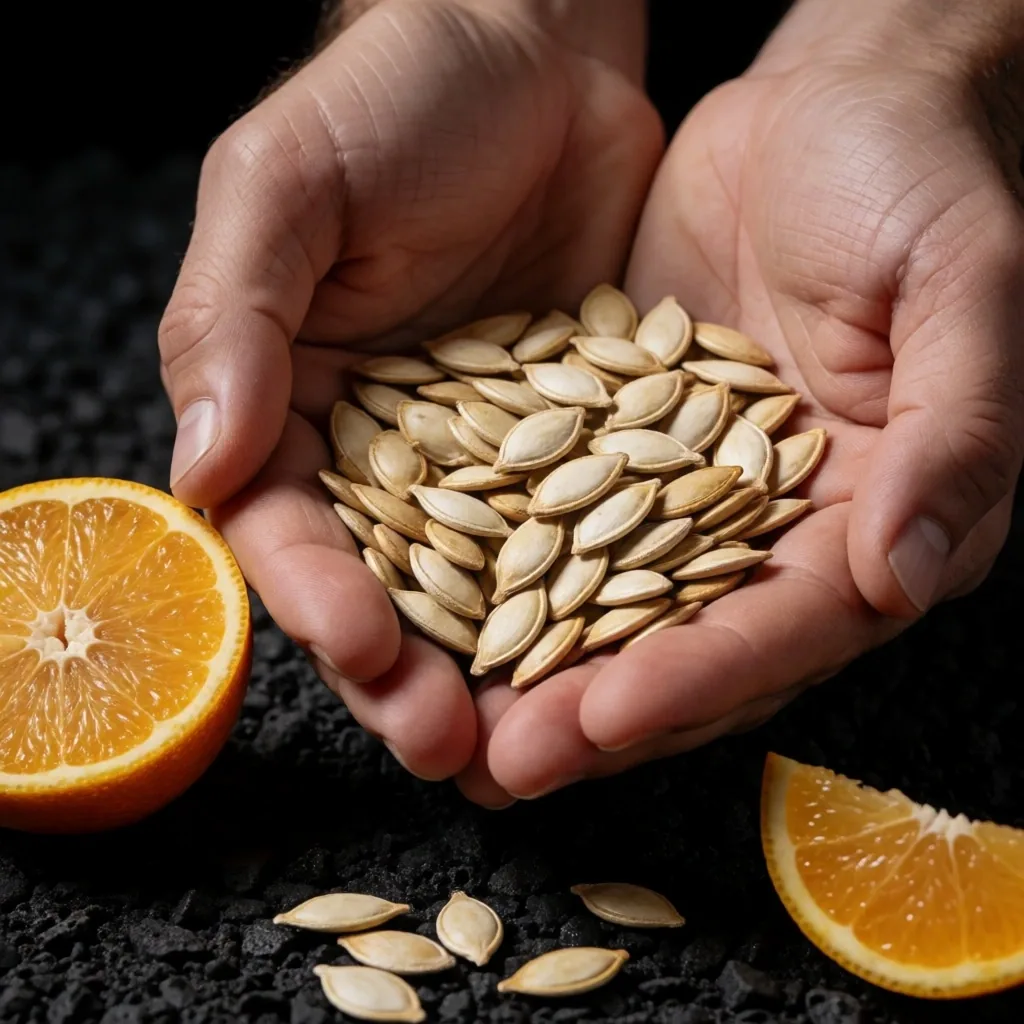 Pumpkin seeds and citrus fruit on dark concrete